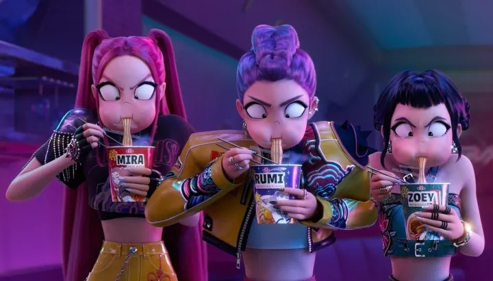 An image of three animated women slirping ramen. Each cup has their names: Mira, Rumi and Zoey